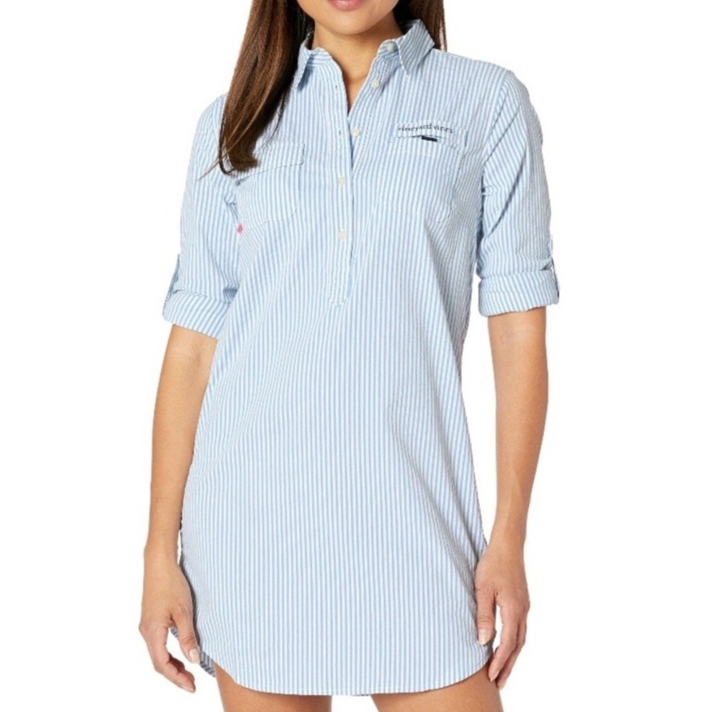 Vineyard Vines Seersucker Harbor Shirt Cover-up Blue&White Pinstriped Dress 00